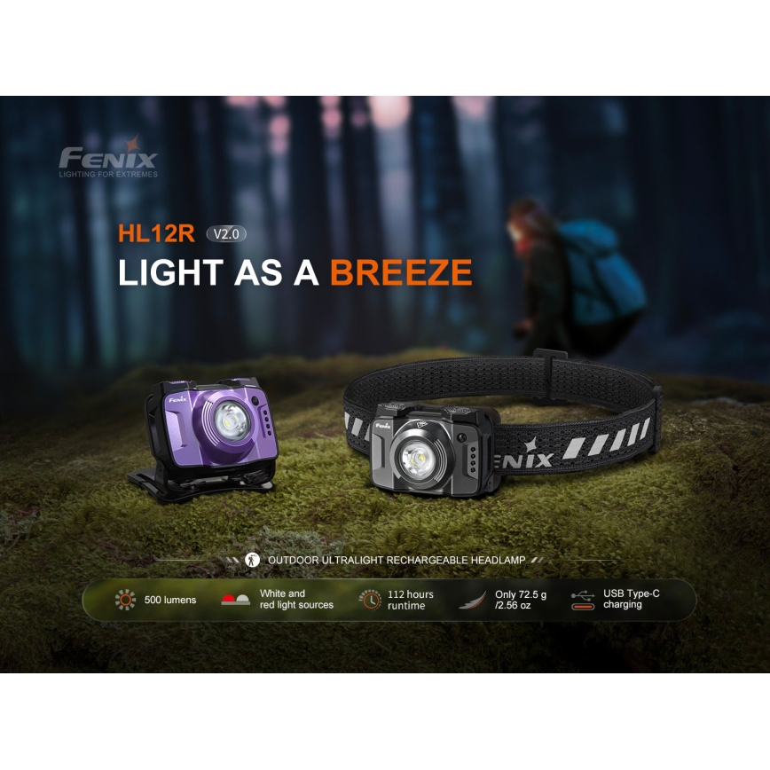 Fenix HL12RV20BLC - LED prigušiva punjiva čelna lampa LED/USB 950 mAh IP66 500 lm 112 h crna