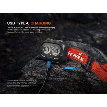 Fenix HL18RTV20BLC - LED prigušiva punjiva čelna lampa LED/USB/3xAAA IP66 800 lm 160 h 1900 mAh crna/narandžasta