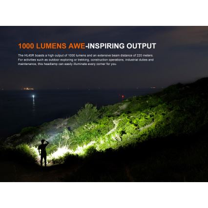 Fenix HL45R - LED prigušiva punjiva fokusirajuća čelna lampa LED/USB IP66 1000 lm 240 h crna