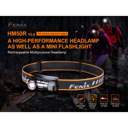 Fenix HM50RV20 - Punjiva LED čelna lampa 3xLED/USB/1xCR123A IP68 700 lm 120 h 700 mAh