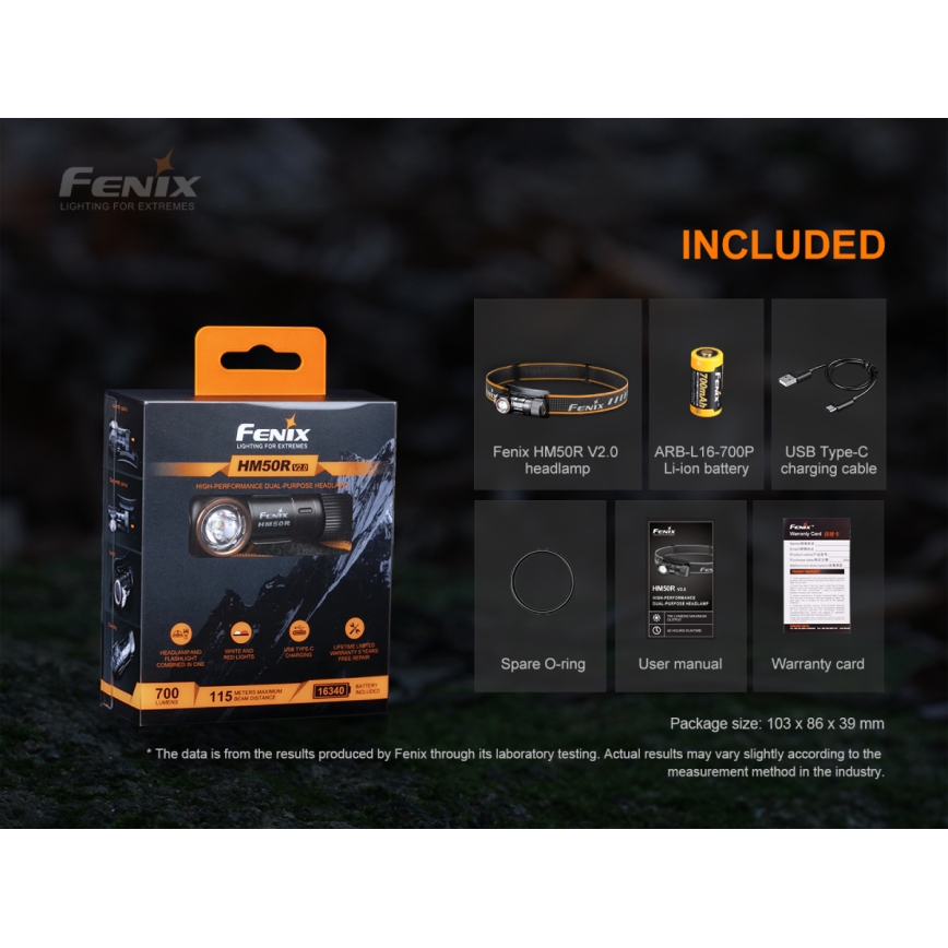 Fenix HM50RV20 - Punjiva LED čelna lampa 3xLED/USB/1xCR123A IP68 700 lm 120 h 700 mAh