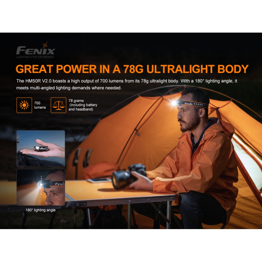 Fenix HM50RV20 - Punjiva LED čelna lampa 3xLED/USB/1xCR123A IP68 700 lm 120 h 700 mAh