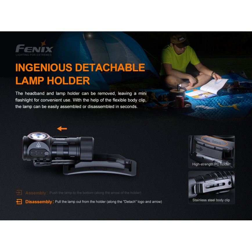 Fenix HM50RV20 - Punjiva LED čelna lampa 3xLED/USB/1xCR123A IP68 700 lm 120 h 700 mAh