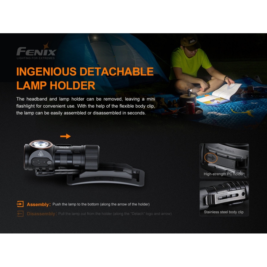 Fenix HM51RV30 - prigušiva, punjiva LED čelna lampa LED/USB/1xCR123A 950 mAh IP68 860 lm 125 h narandžasta