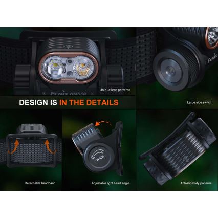 Fenix HM55RABL - prigušiva LED punjiva čeona lampa LED/USB/1xCR123A 1600 mAh IP68 1200 lm 141,2 h crna