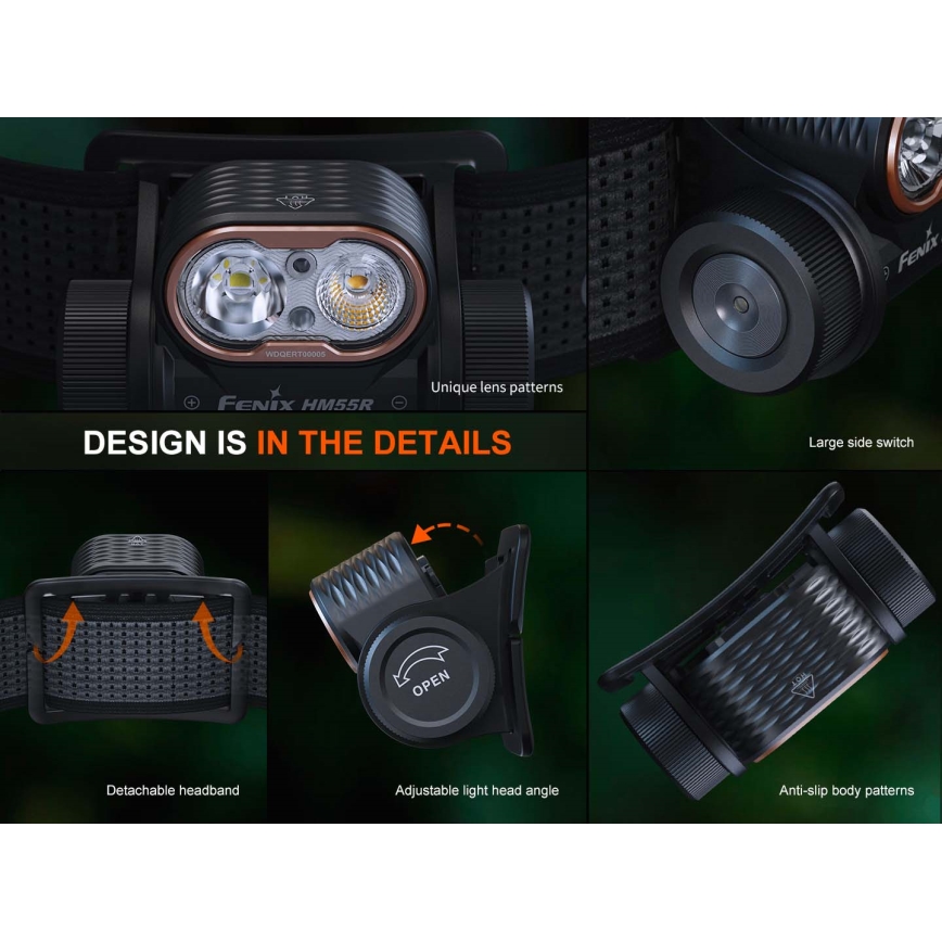 Fenix HM55RABL - prigušiva LED punjiva čeona lampa LED/USB/1xCR123A 1600 mAh IP68 1200 lm 141,2 h crna