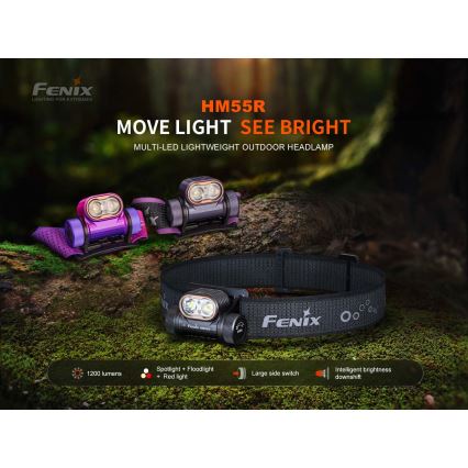 Fenix HM55RPRP - LED prigušiva punjiva čelna lampa LED/USB/1xCR123A 1600 mAh IP68 1200 lm 141,2 h ljubičasta/crna