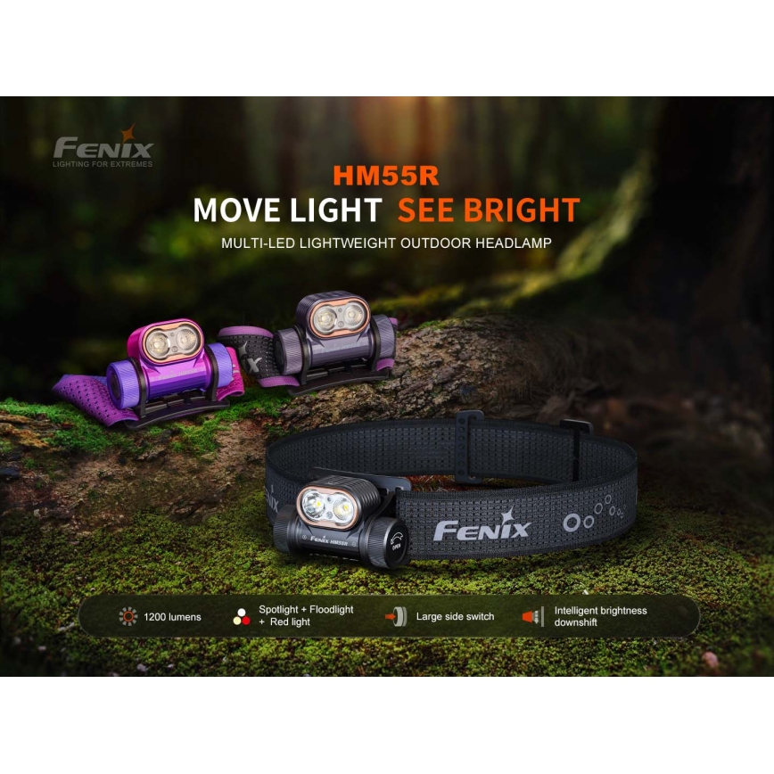 Fenix HM55RPRP - LED prigušiva punjiva čelna lampa LED/USB/1xCR123A 1600 mAh IP68 1200 lm 141,2 h ljubičasta/crna