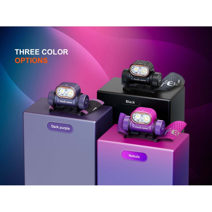 Fenix HM55RPRP - LED prigušiva punjiva čelna lampa LED/USB/1xCR123A 1600 mAh IP68 1200 lm 141,2 h ljubičasta/crna