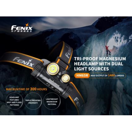 Fenix HM65R - LED punjiva čelna lampa 2xLED/USB/2xCR123A IP68 1400 lm 300 h 3400 mAh