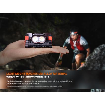 Fenix HM65RTV20BLC- prigušiva LED punjiva čelna lampa LED/USB/2xCR123A IP68 3400 mAh crna/narandžasta