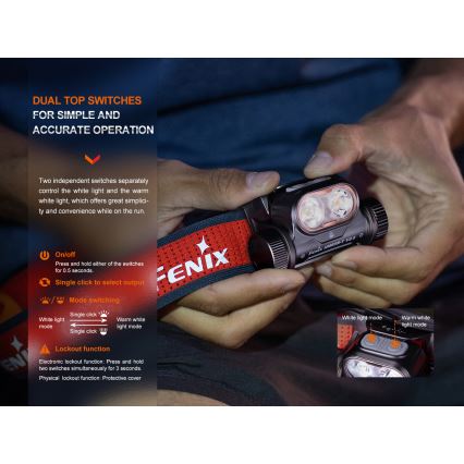 Fenix HM65RTV20BLC- prigušiva LED punjiva čelna lampa LED/USB/2xCR123A IP68 3400 mAh crna/narandžasta