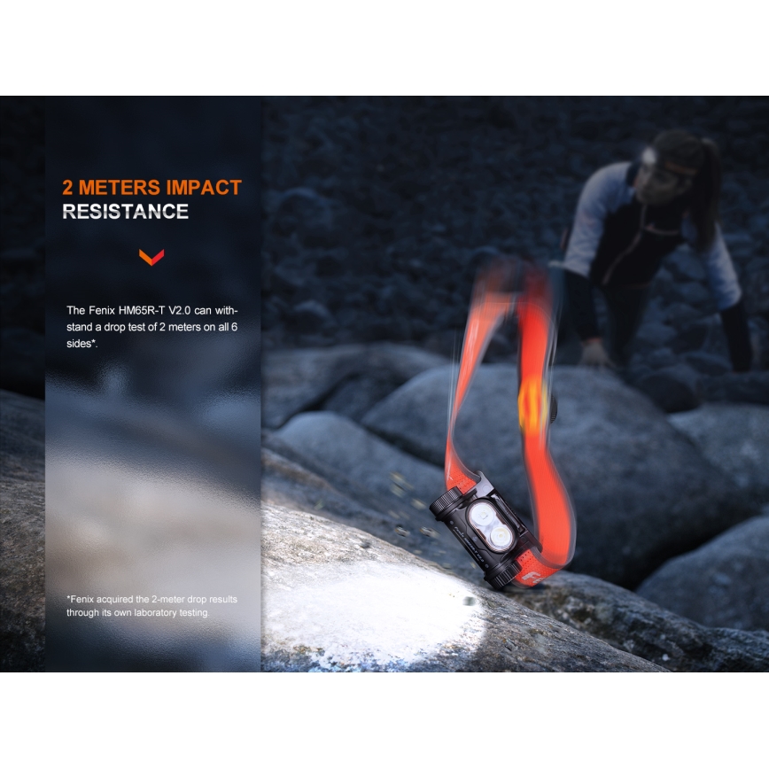 Fenix HM65RTV20BLC- prigušiva LED punjiva čelna lampa LED/USB/2xCR123A IP68 3400 mAh crna/narandžasta