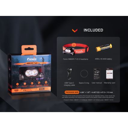 Fenix HM65RTV20BLC- prigušiva LED punjiva čelna lampa LED/USB/2xCR123A IP68 3400 mAh crna/narandžasta