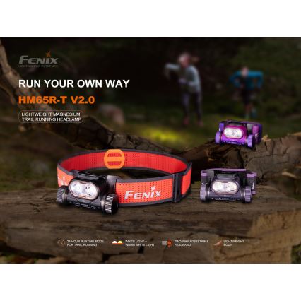 Fenix HM65RTV20PRP - Punjiva LED čelna lampa – prigušiva LED/USB/2xCR123A IP68 1600 lm 300h 3400 mAh crna/ljubičasta