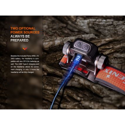 Fenix HM65RTV20PRP - Punjiva LED čelna lampa – prigušiva LED/USB/2xCR123A IP68 1600 lm 300h 3400 mAh crna/ljubičasta