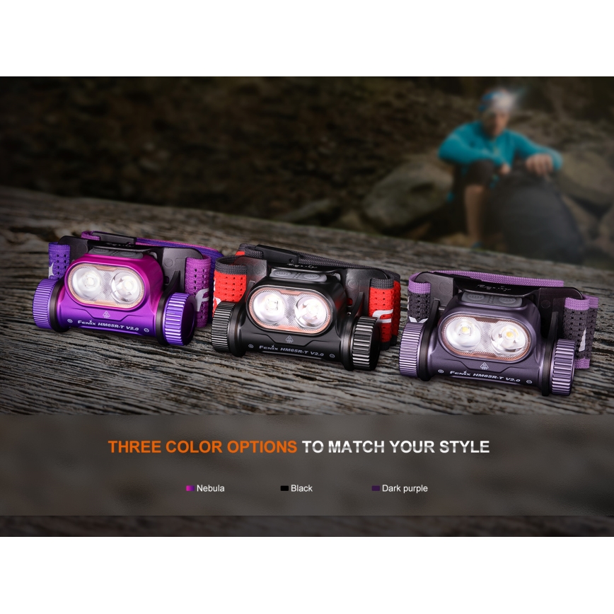 Fenix HM65RTV20PRP - Punjiva LED čelna lampa – prigušiva LED/USB/2xCR123A IP68 1600 lm 300h 3400 mAh crna/ljubičasta