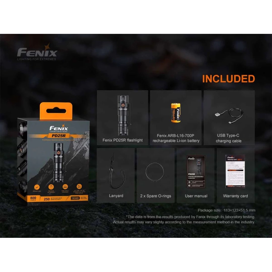 Fenix PD25R - punjiva LED baterijska lampa LED/USB/1xCR123A IP68 800 lm 70 h 700 mAh