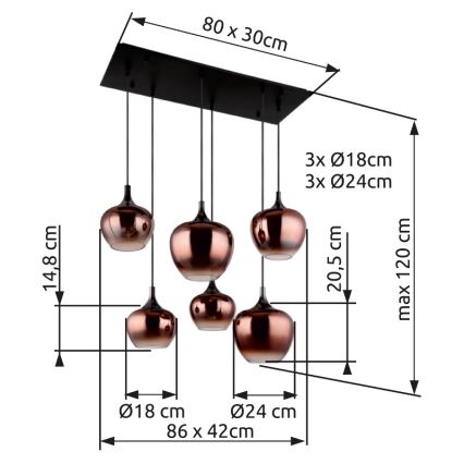 Globo - bakreni luster na sajli 6xE27/40W/230V