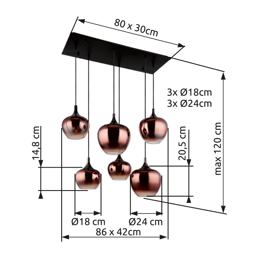 Globo - bakreni luster na sajli 6xE27/40W/230V