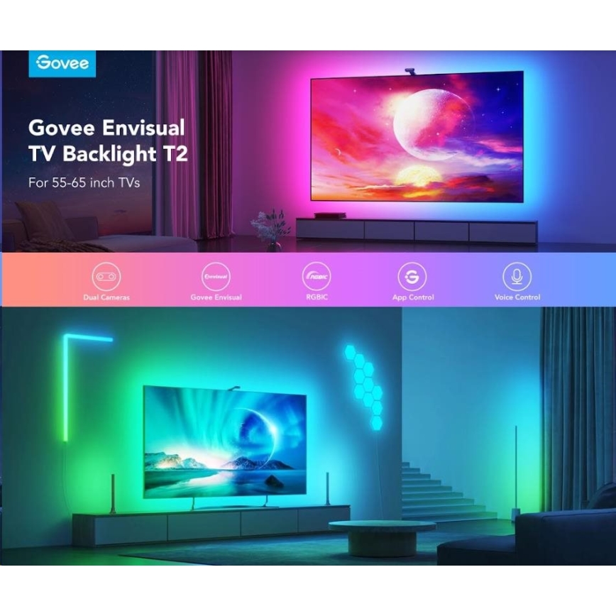 Govee - DreamView T2 DUAL TV 55-65 SMART LED pozadinsko osvetljenje RGBIC Wi-Fi + daljinski upravljač