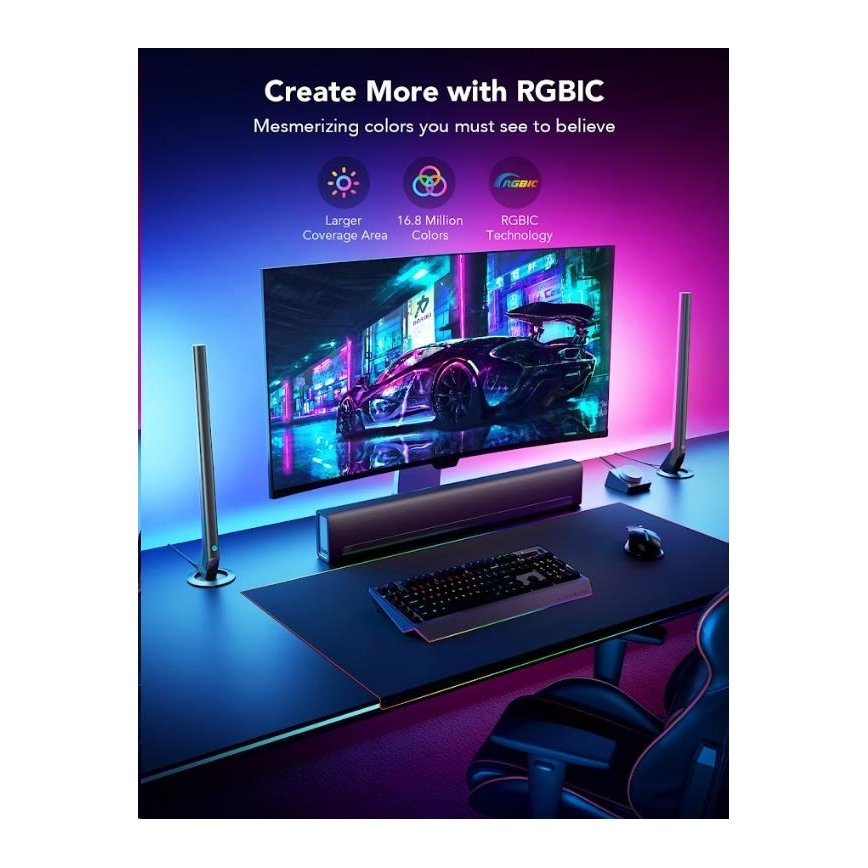 Govee - KOMPLET 2x Smart Gaming Wi-Fi LED RGBIC paneli + Smart Dual crna + daljinski upravljač