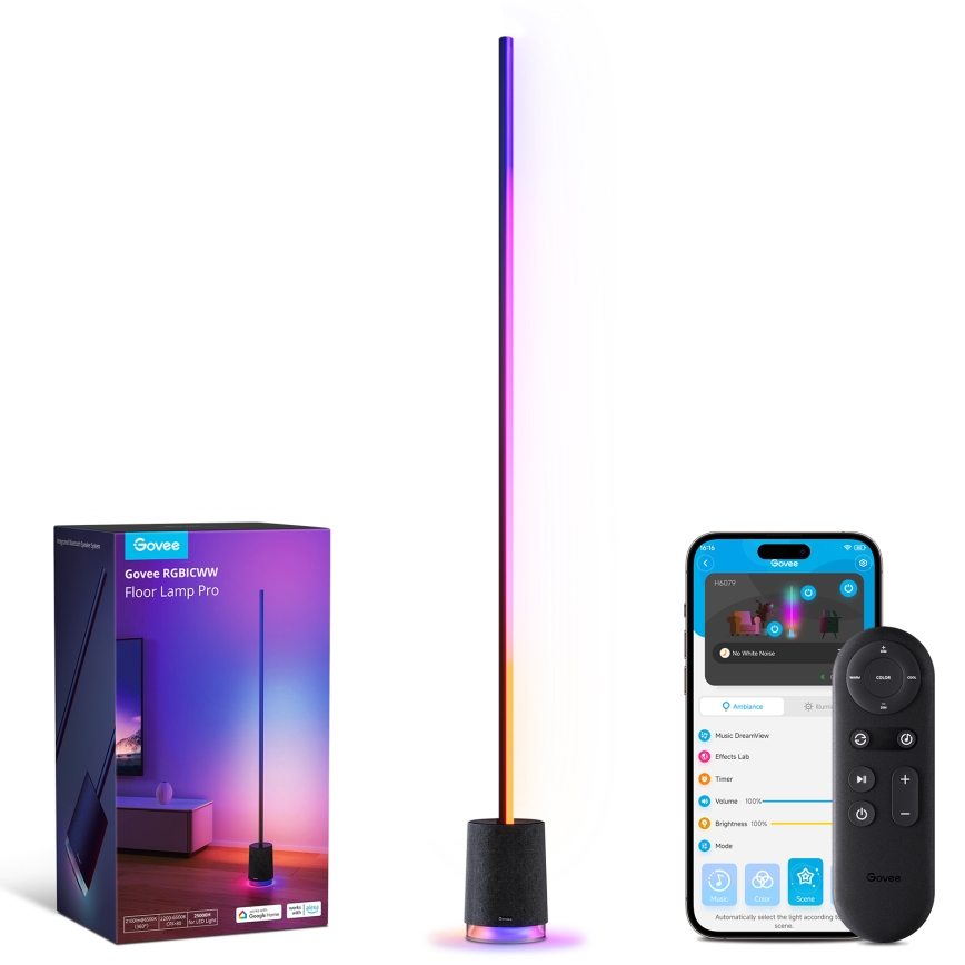 Govee - LED prigušiva podna lampa sa zvučnikom Pro RGBICWW 2200-6500K Wi-Fi + daljinski upravljač