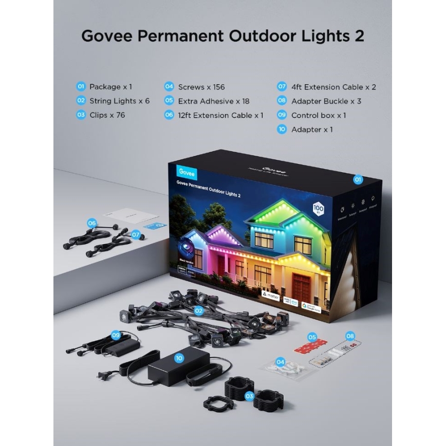 Govee - LED RGBIC niz spuštenih svetala 30m Wi-Fi Matter IP67