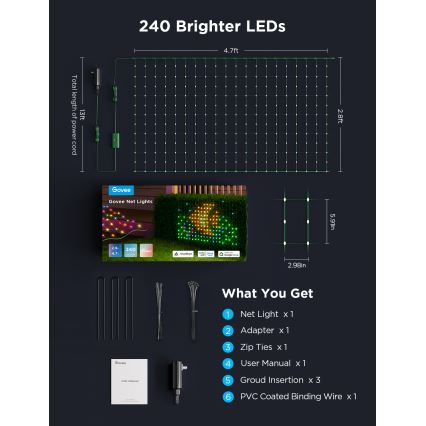 Govee - LED RGBIC spoljašnja svetlosna mreža 143x85cm Wi‑Fi Matter IP65