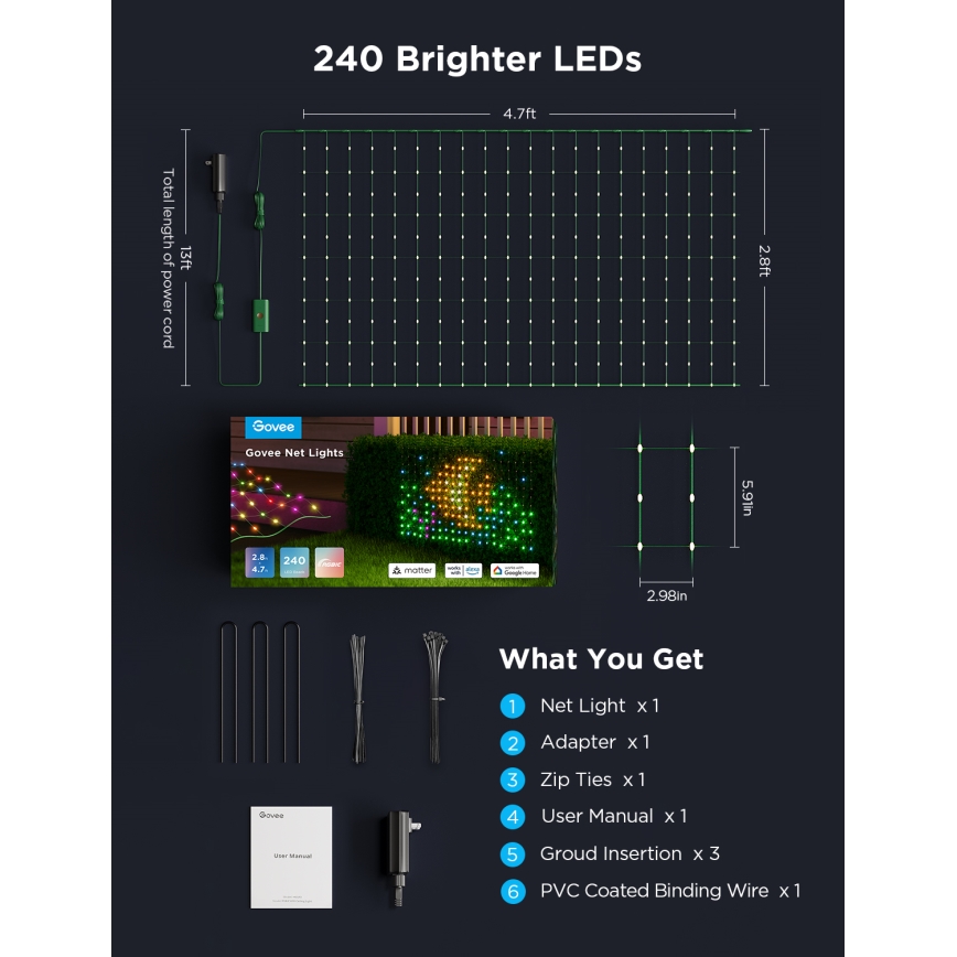 Govee - LED RGBIC spoljašnja svetlosna mreža 143x85cm Wi‑Fi Matter IP65