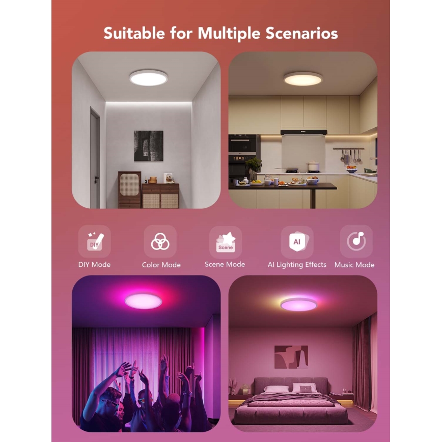 Govee - LED RGBICWW prigušiva plafonska svetiljka LED/29W/230V, prečnik 30 cm, mat, Wi-Fi