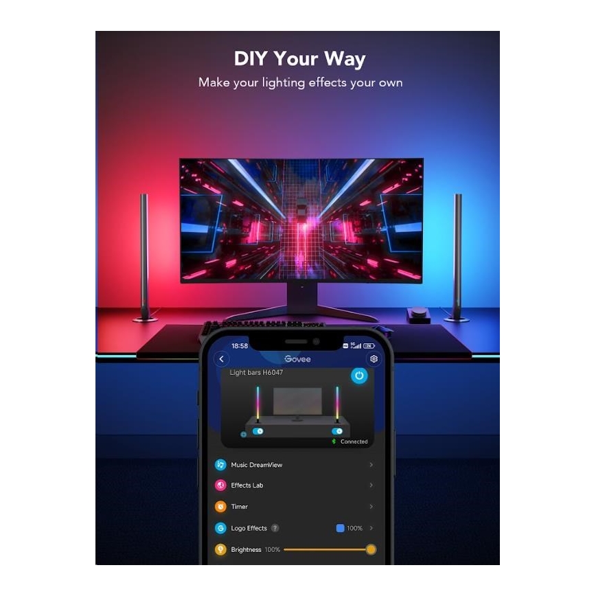 Govee - komplet 2x Smart gejming Wi-Fi LED RGBIC paneli + Smart Dual + daljinski upravljač