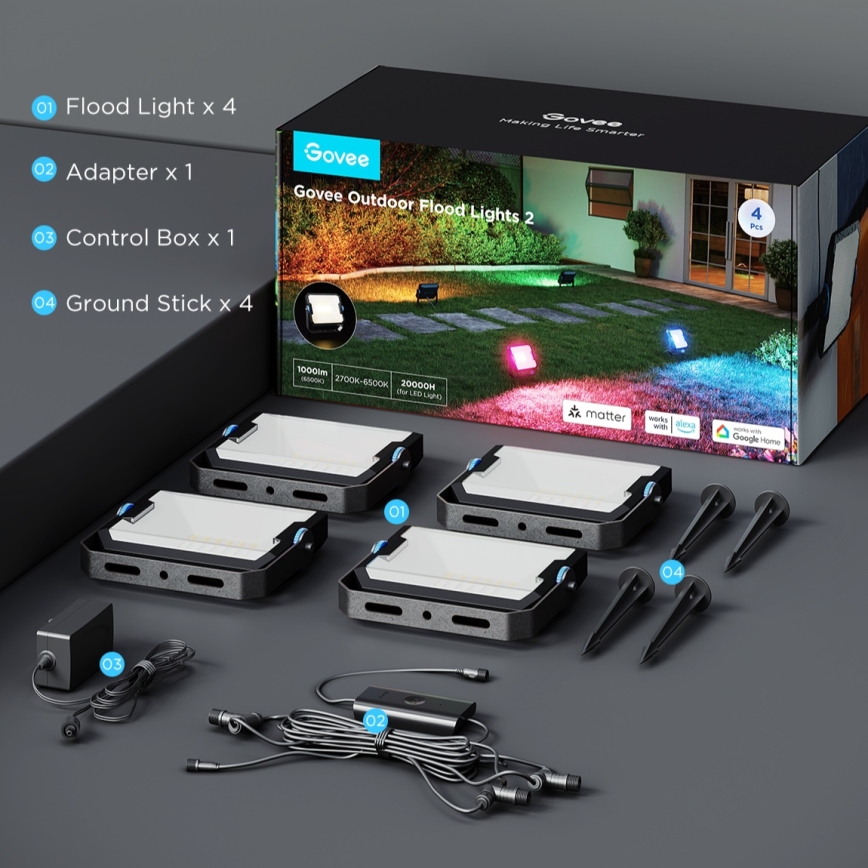 Govee - Komplet 4x LED RGBICWW prigušiva reflektor LED/24W/230V IP66 Matter Wi-Fi