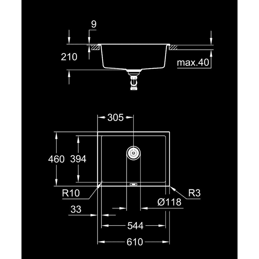 GROHE 31655AP0 - Kompozitni sudoper K700U 610 × 460 mm crna