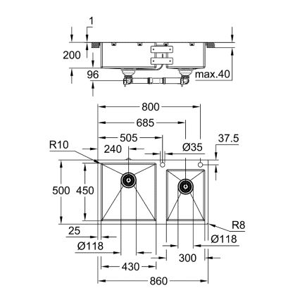 GROHE 31855SD0 - Kuhinjski sudoper K700 860 × 500 mm od nerđajućeg čelika