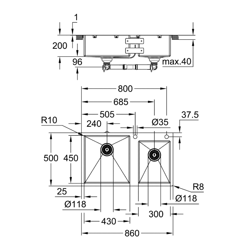 GROHE 31855SD0 - Kuhinjski sudoper K700 860 × 500 mm od nerđajućeg čelika