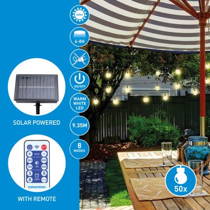 Grundig - LED prigušiva solarna girlanda 50xLED/8 funkcija 9,35m toplo belo svetlo 1200 mAh + daljinski upravljač