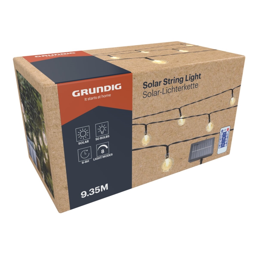 Grundig - LED prigušiva solarni lanac 50xLED/8 funkcija 9,35m IP44 topla bela 600 mAh + daljinski upravljač