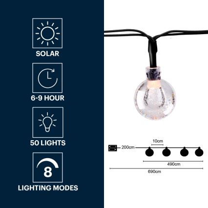 Grundig - LED solarna girlanda, 50 LED / 8 funkcija, 6,9 m, toplo belo svetlo, 600 mAh