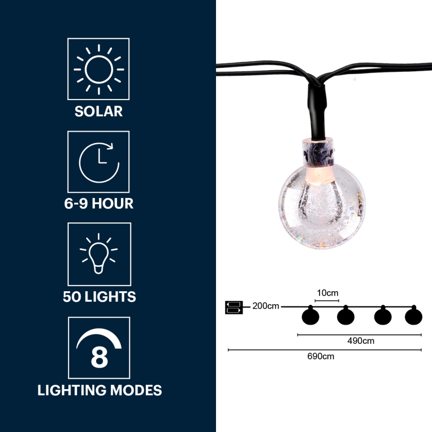 Grundig - LED solarna girlanda, 50 LED / 8 funkcija, 6,9 m, toplo belo svetlo, 600 mAh