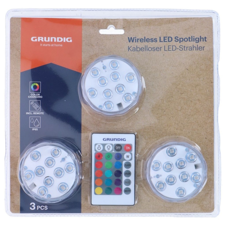 Grundig - komplet 3x RGBW LED prigušiva svetiljka LED/3W/3xAAA IP65 + daljinski upravljač