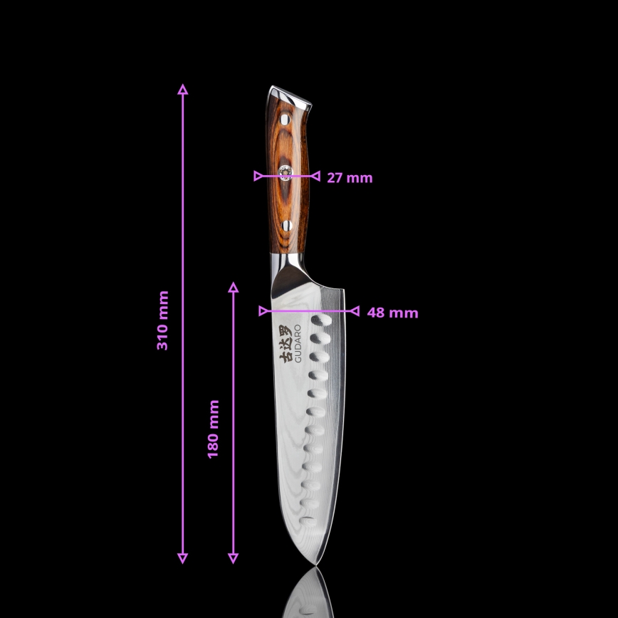Gudaro - Komplet 2x Santoku kuhinjski nož od damaskog čelika FENG 7,5, 67 slojeva čelika, dužina 18 cm + 1x BESPLATNO kuhinjski nož za voće od damaskog čelika FENG 3,5, 67 slojeva čelika, dužina 9,5 cm
