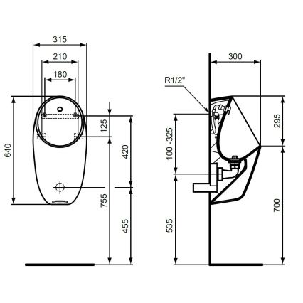 Ideal Standard E253701 - Pisuar I.LIFE, zadnji dovod, zadnji odvod, keramika/bela