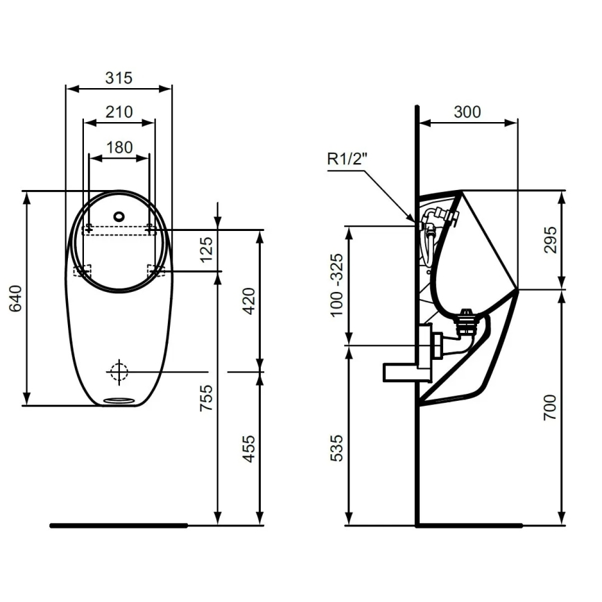 Ideal Standard E253701 - Pisuar I.LIFE, zadnji dovod, zadnji odvod, keramika/bela