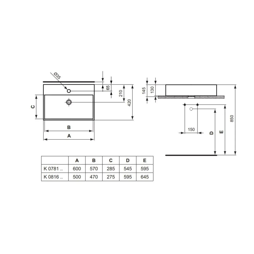 Ideal Standard K081601 - Umivaonik na ploču STRADA 60x42 cm keramika/bela