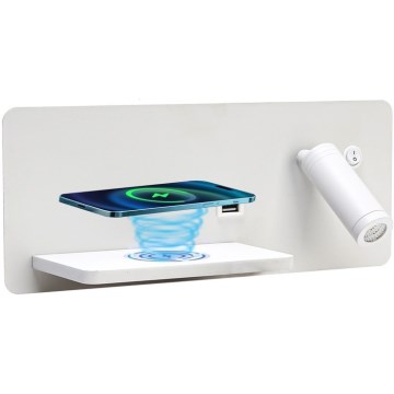Immax 08286L - LED zidno spot svetlo sa policom, USB portom i bežičnim punjenjem Be PREPARE LED/3W/230V + LED/3W bela