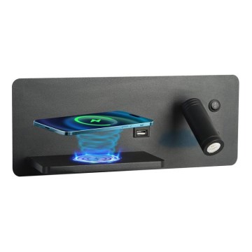 Immax 08288L - LED zidna spot svetiljka sa policom, USB portom i bežičnim punjenjem Be PREPARE LED/3W/230V + LED/3W crna