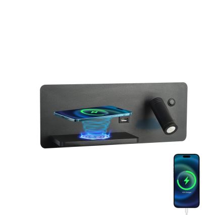Immax 08288L - LED zidna spot svetiljka sa policom, USB portom i bežičnim punjenjem Be PREPARE LED/3W/230V + LED/3W crna