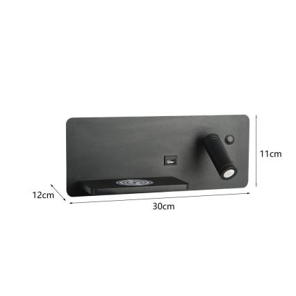 Immax 08288L - LED zidna spot svetiljka sa policom, USB portom i bežičnim punjenjem Be PREPARE LED/3W/230V + LED/3W crna