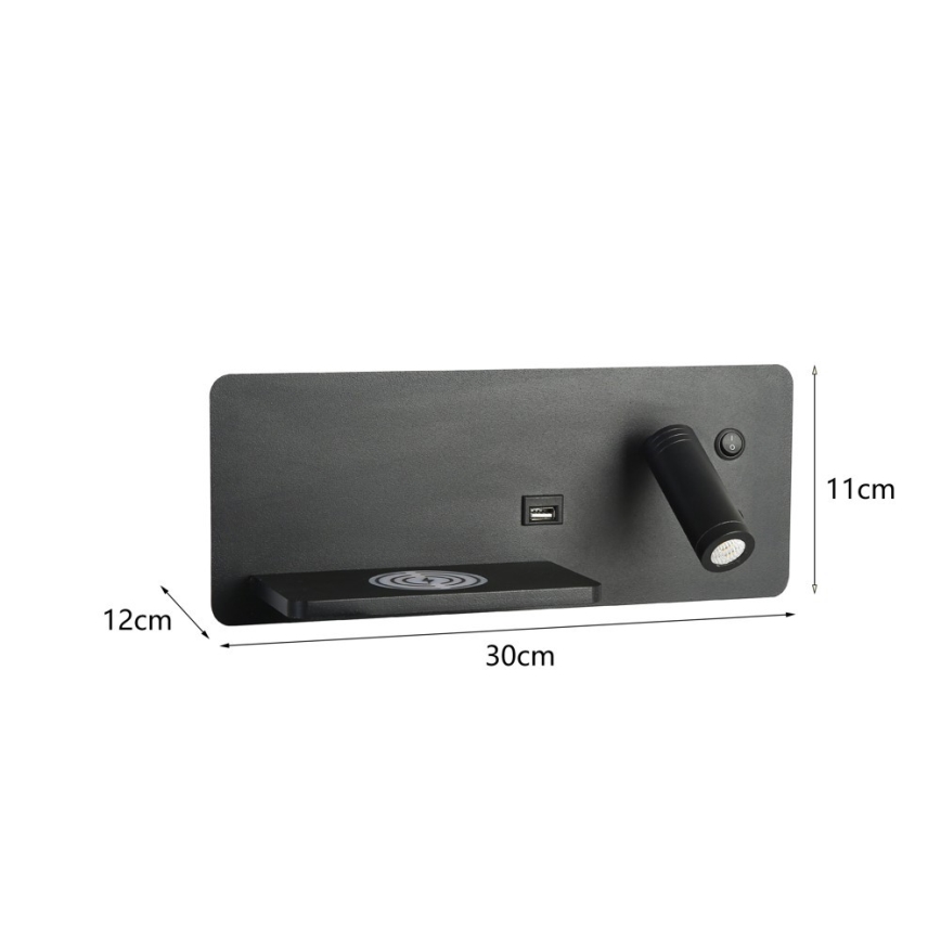 Immax 08288L - LED zidna spot svetiljka sa policom, USB portom i bežičnim punjenjem Be PREPARE LED/3W/230V + LED/3W crna